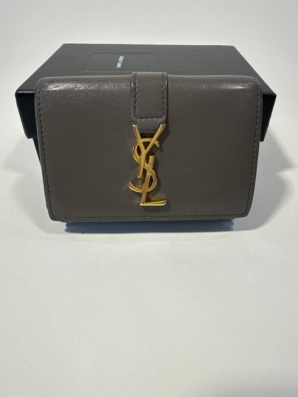 YSL tri-fold wallet with paperwork, box and dust bag.