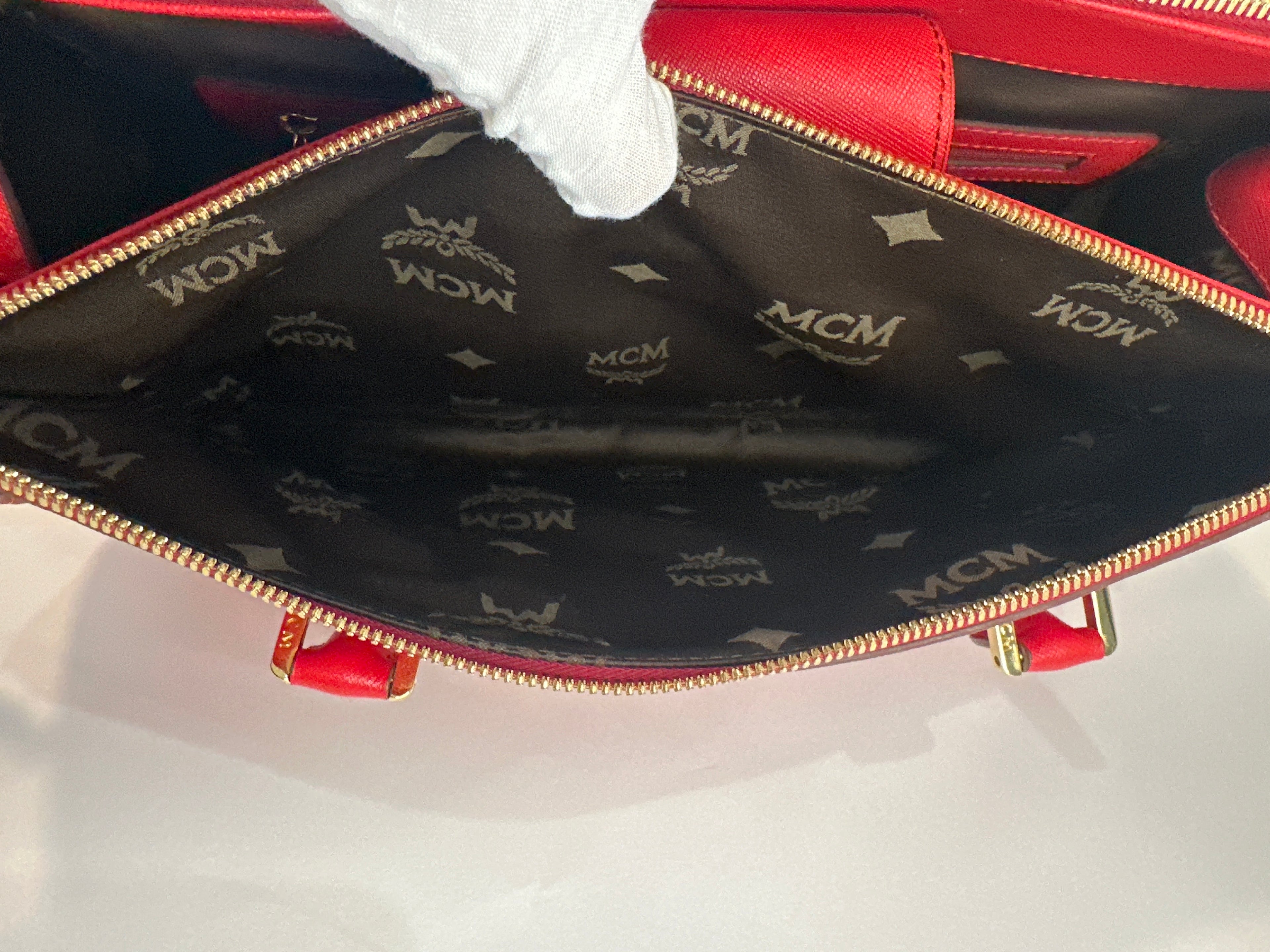 MCM Red Horizontal Double Zip Tote