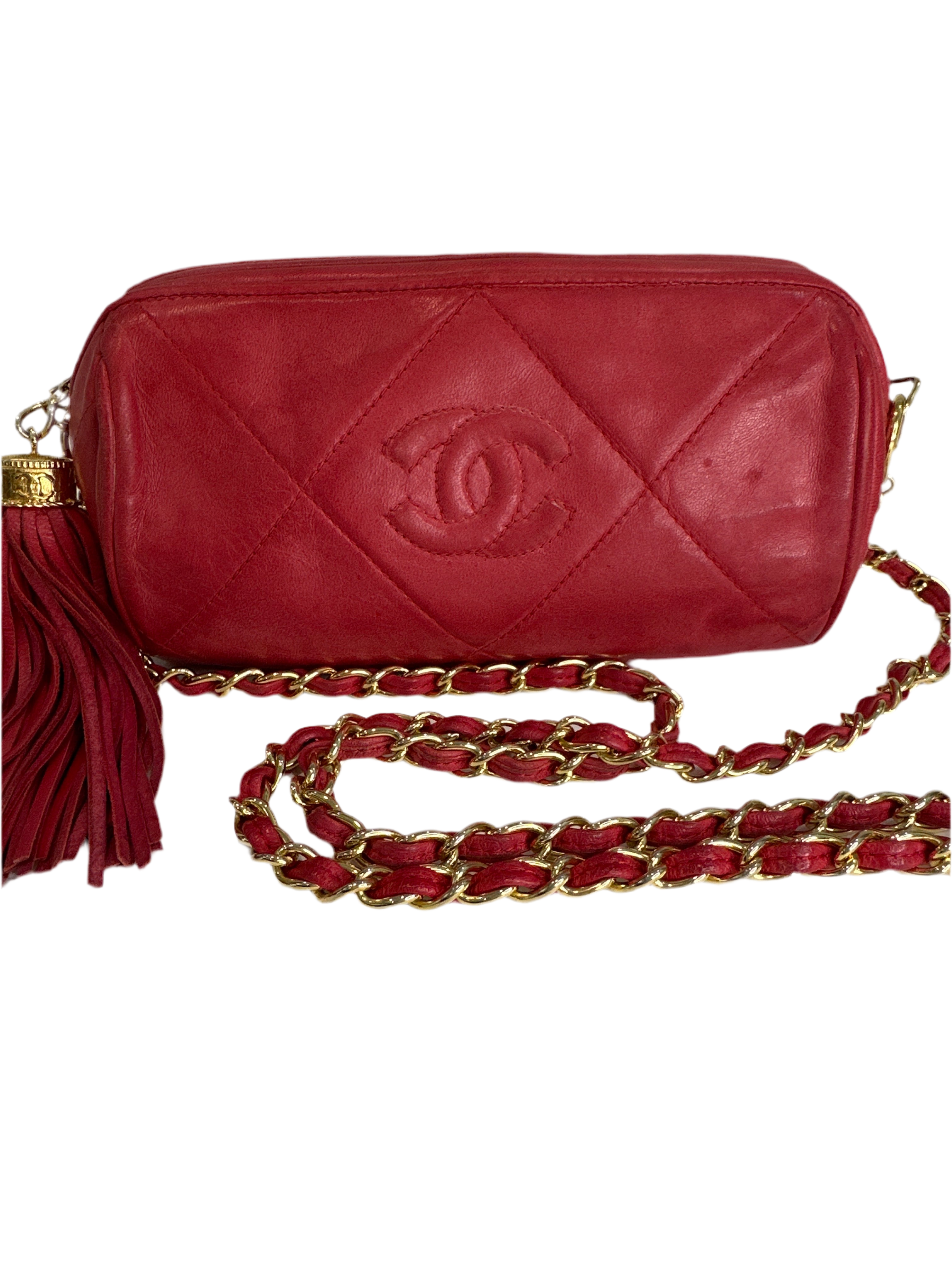 Vintage CHANEL Chain Shoulder Matelasse Lambskin Fringe Shoulder Bag with COA and card. Series 0