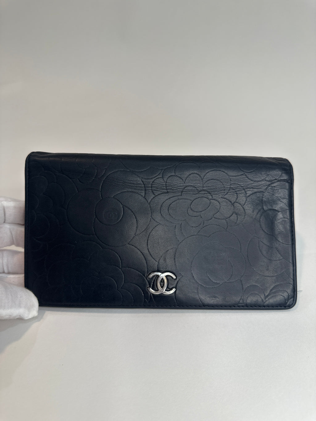 CHANEL Camellia CC Logo Lambskin Leather Zip Around Long Wallet black