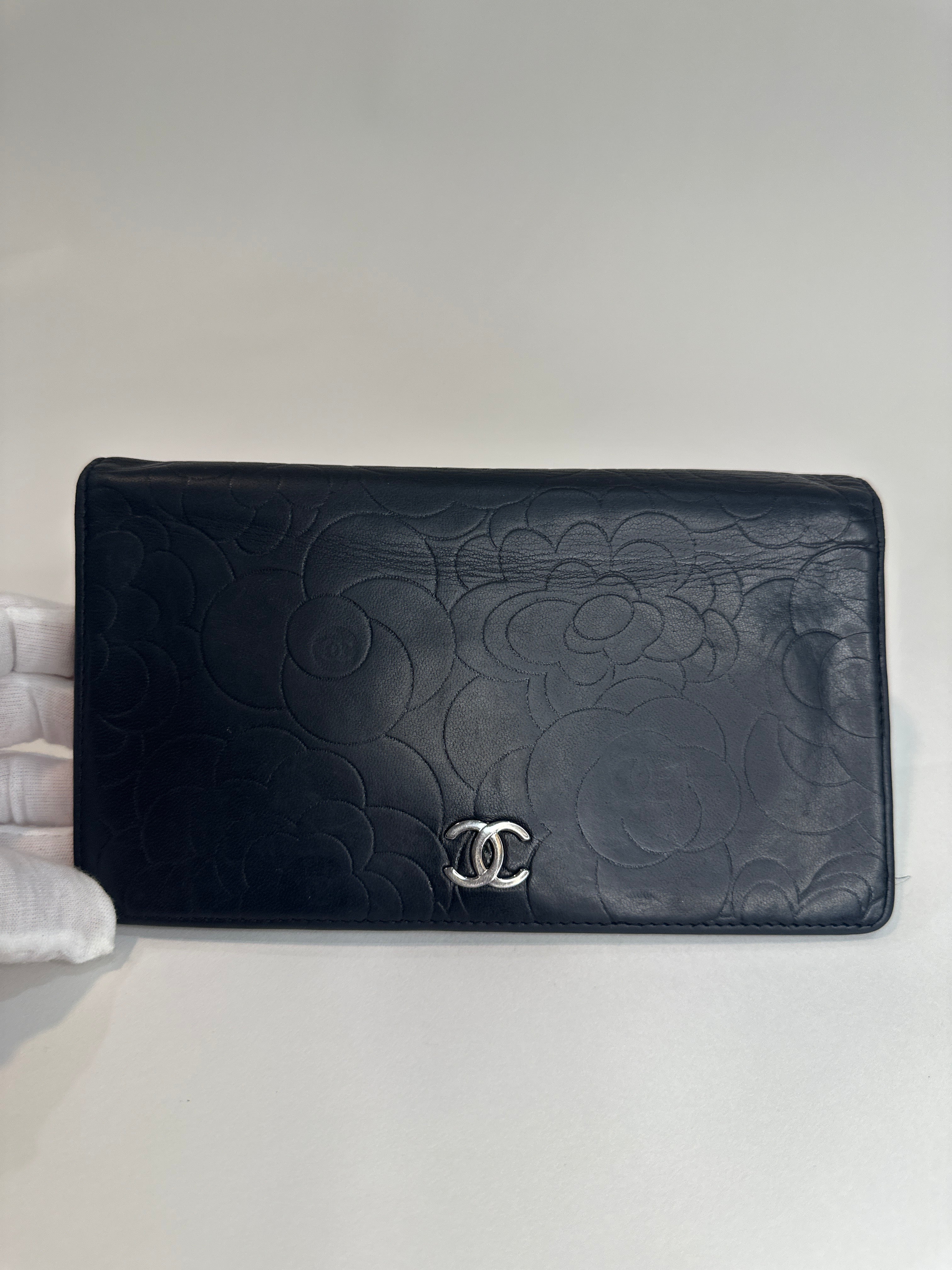 CHANEL Camellia CC Logo Lambskin Leather Zip Around Long Wallet black