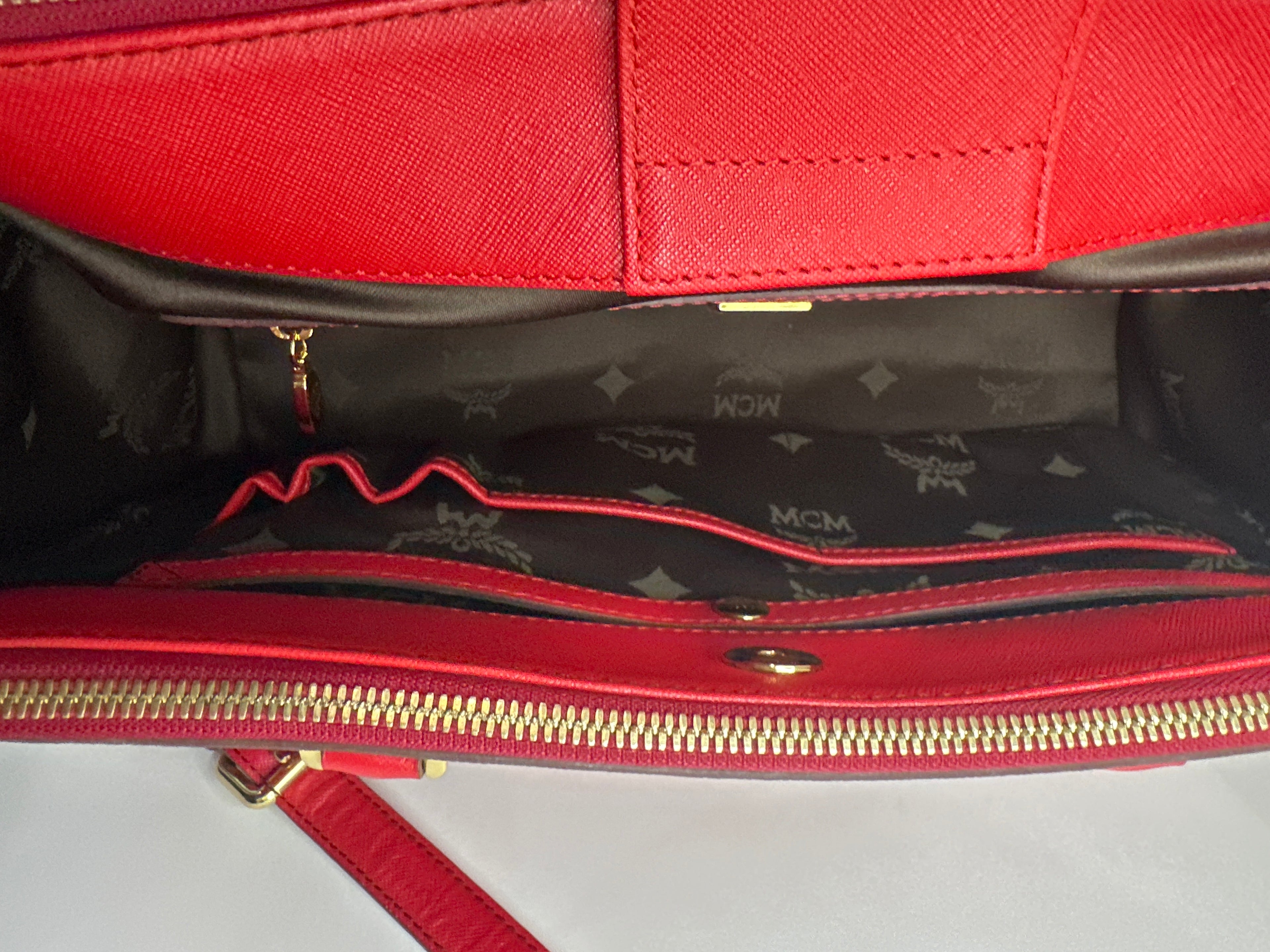 MCM Red Horizontal Double Zip Tote