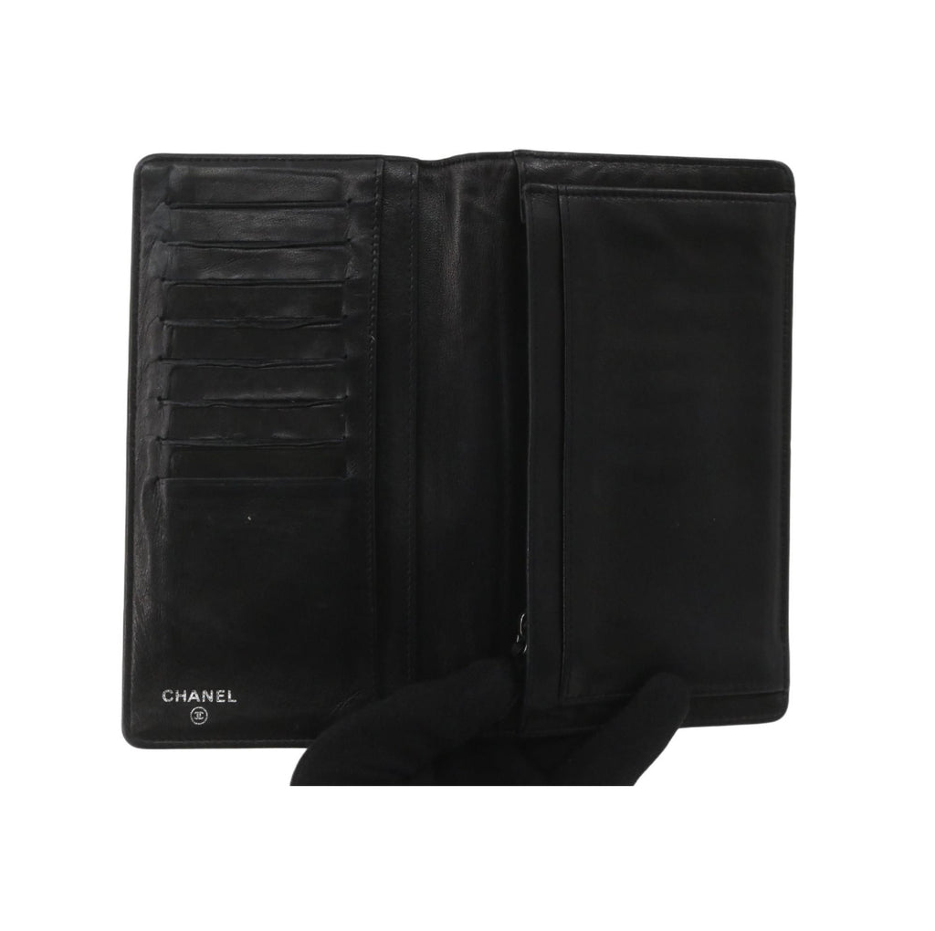CHANEL Camellia CC Logo Lambskin Leather Zip Around Long Wallet black