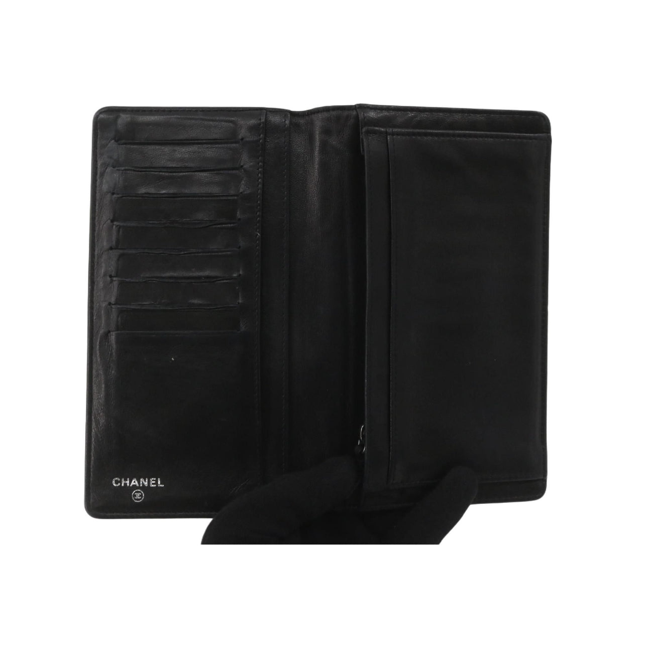 CHANEL Camellia CC Logo Lambskin Leather Zip Around Long Wallet black