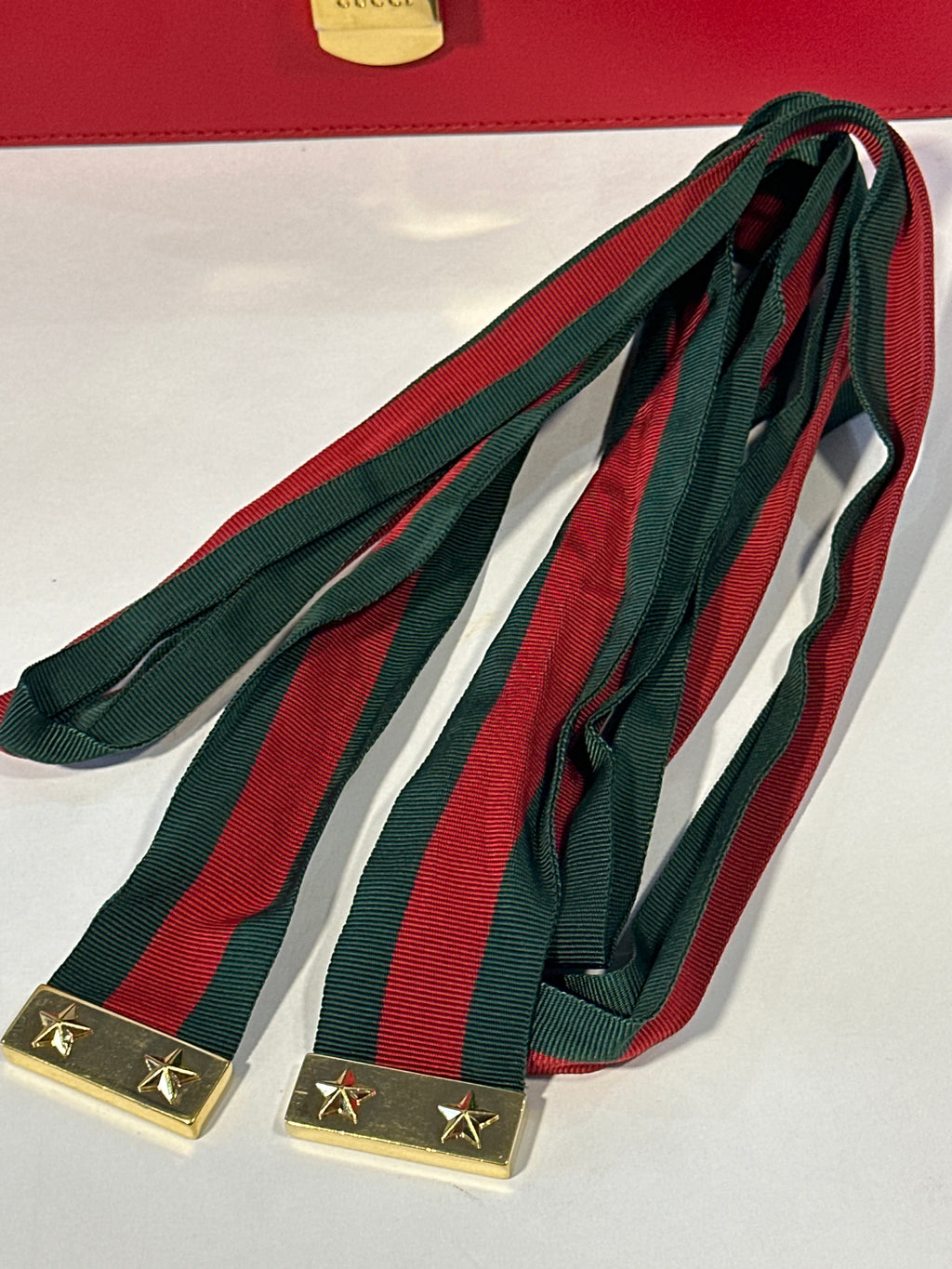 GUCCI Sylvie calfskin leather bag hibiscus red. Handbag red and green gold chain with COA