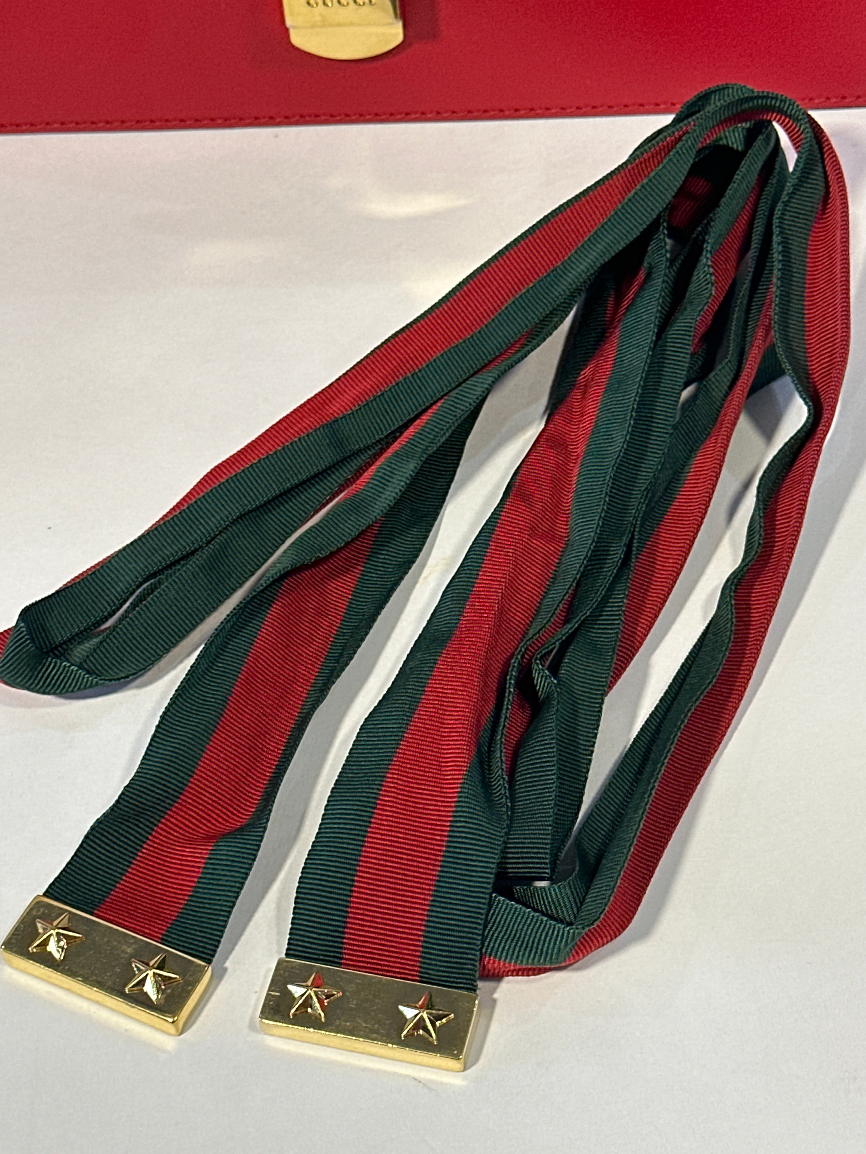 GUCCI Sylvie calfskin leather bag hibiscus red. Handbag red and green gold chain with COA