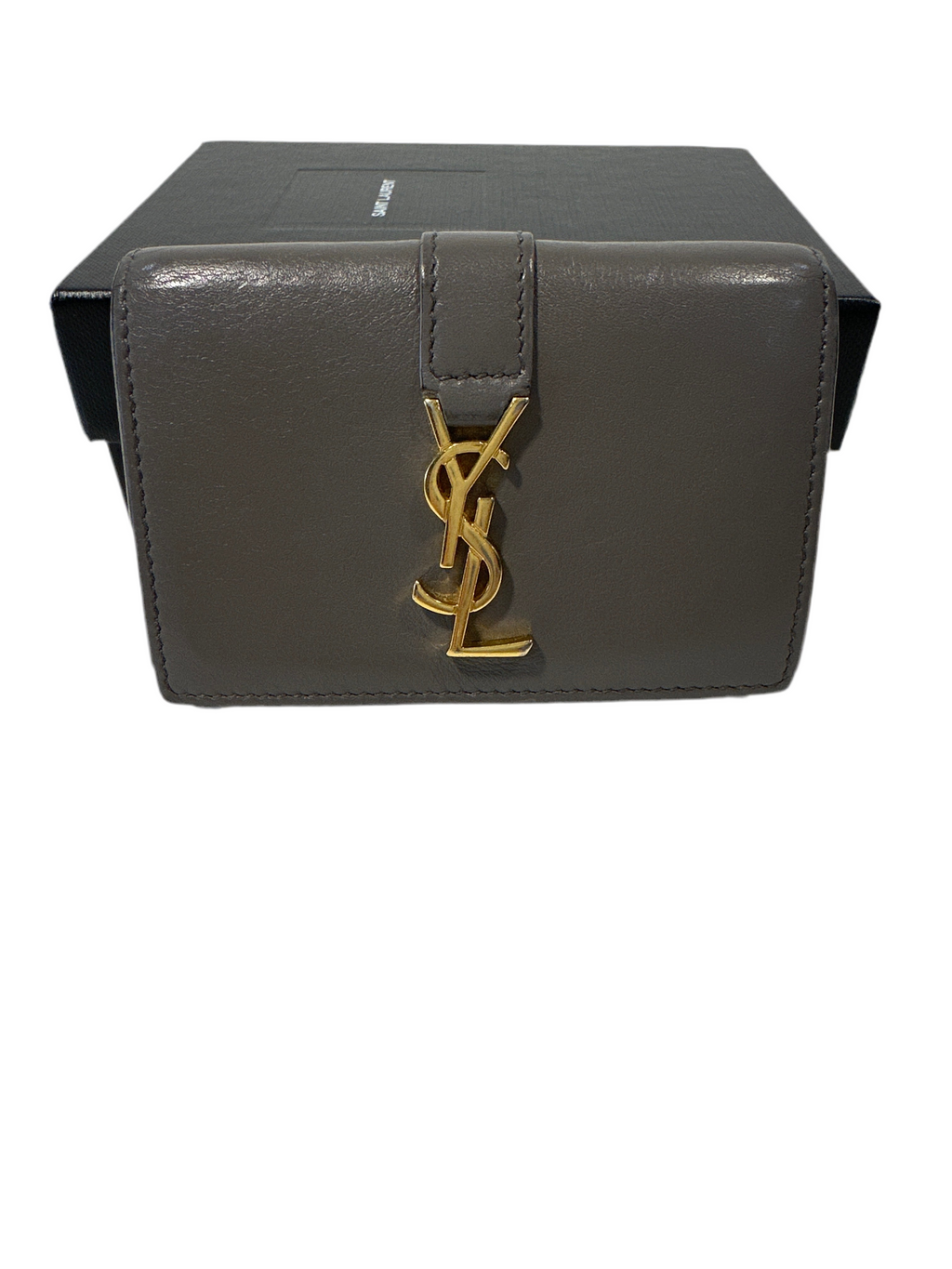 YSL tri-fold wallet with paperwork, box and dust bag.