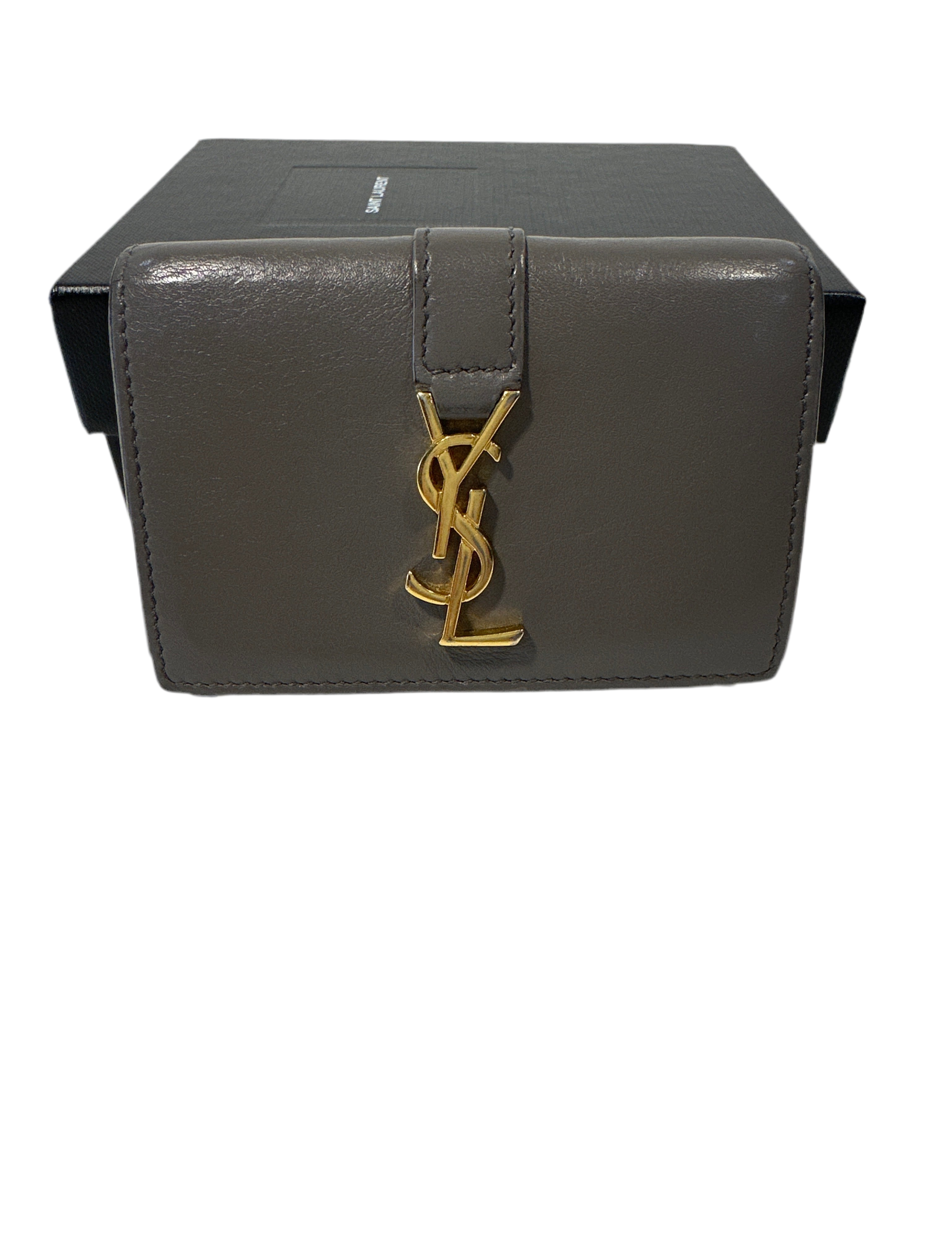 YSL tri-fold wallet with paperwork, box and dust bag.