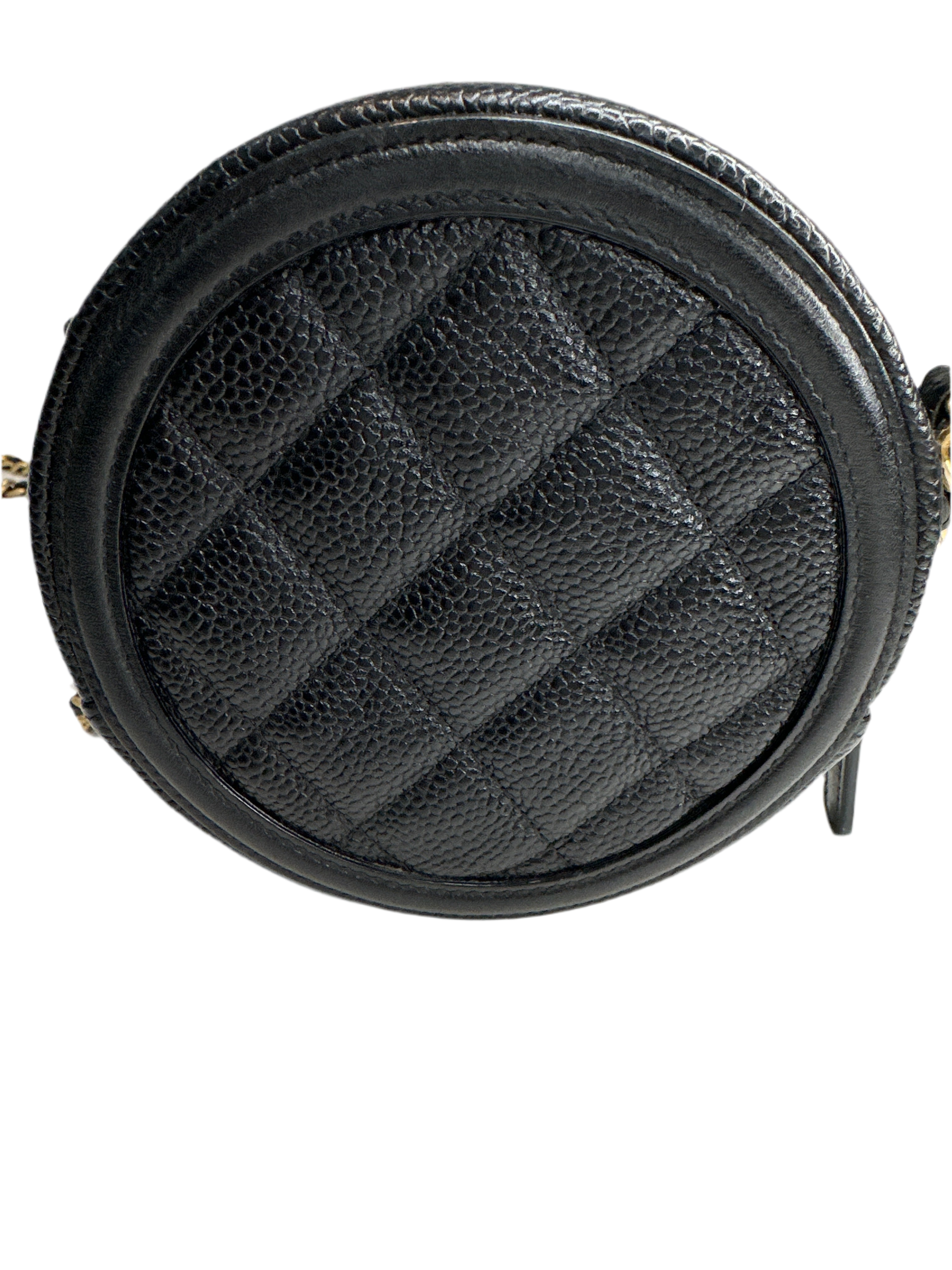 Chanel Filigree Round Clutch with Chain – Mini Quilted Caviar Leather