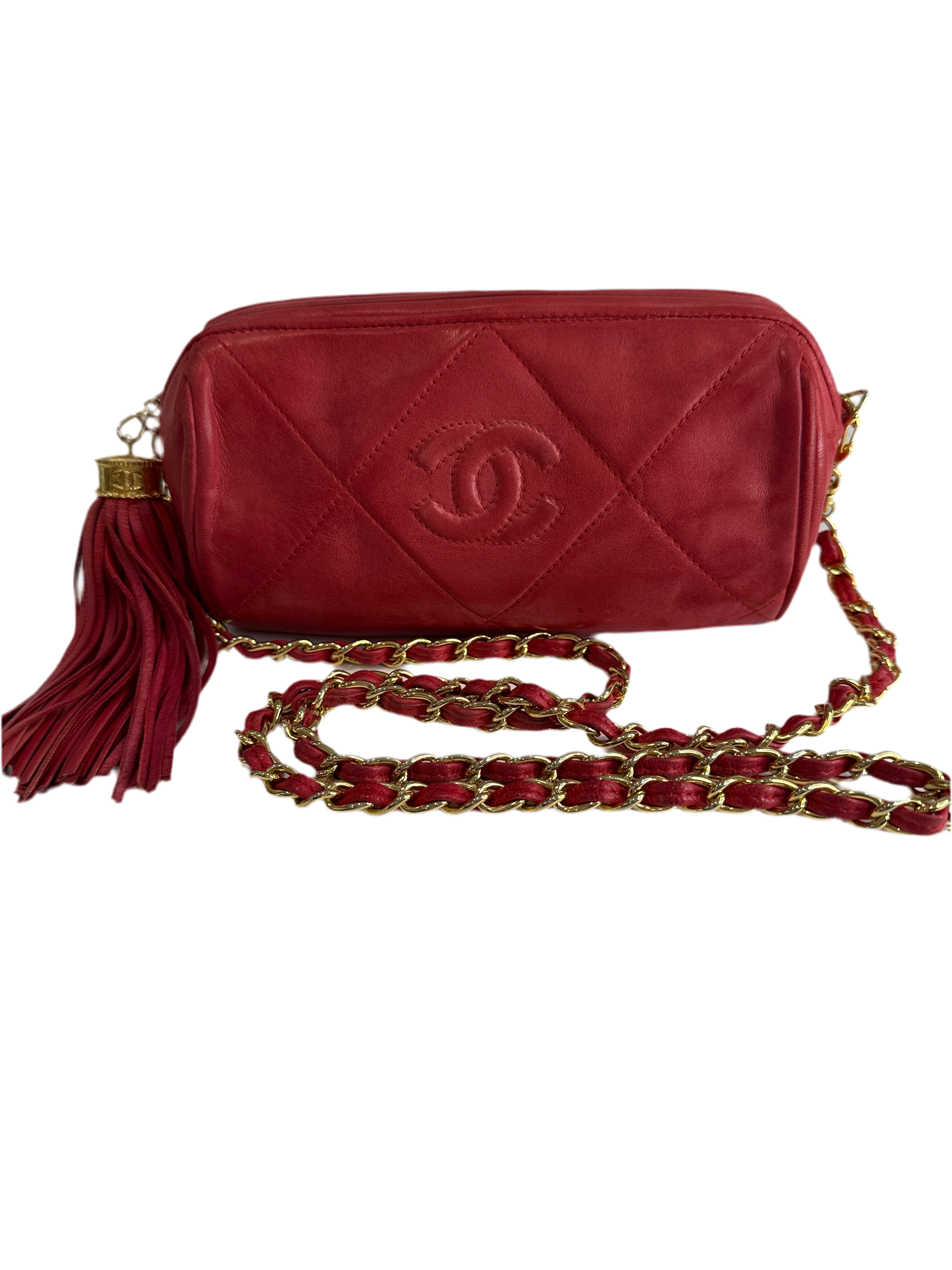 Vintage CHANEL Chain Shoulder Matelasse Lambskin Fringe Shoulder Bag with COA and card. Series 0