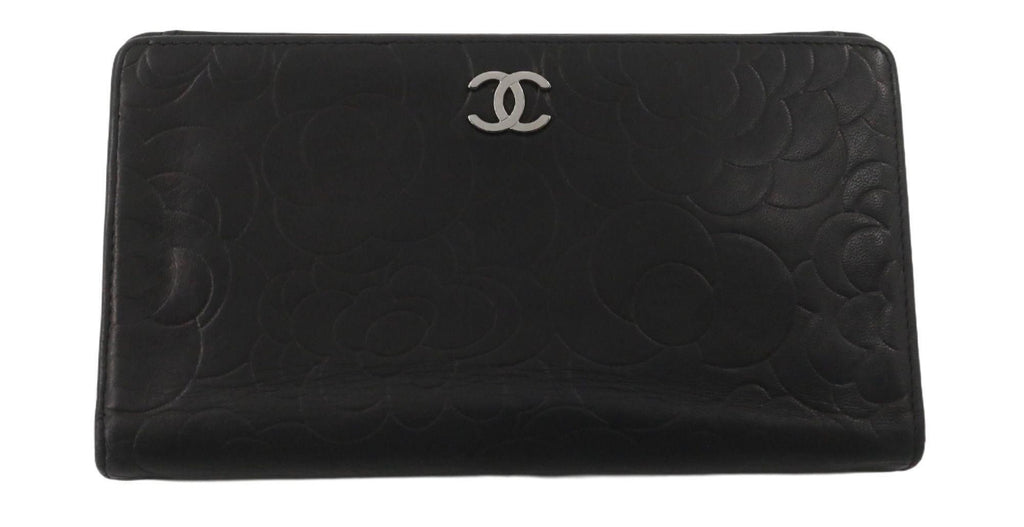 CHANEL Camellia CC Logo Lambskin Leather Zip Around Long Wallet black