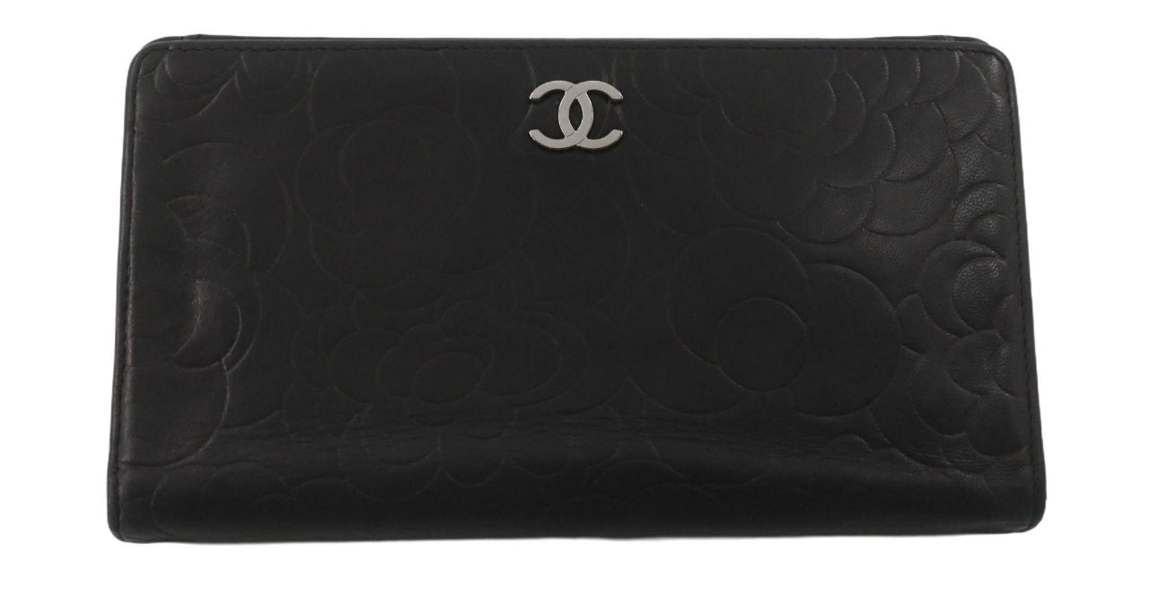 CHANEL Camellia CC Logo Lambskin Leather Zip Around Long Wallet black