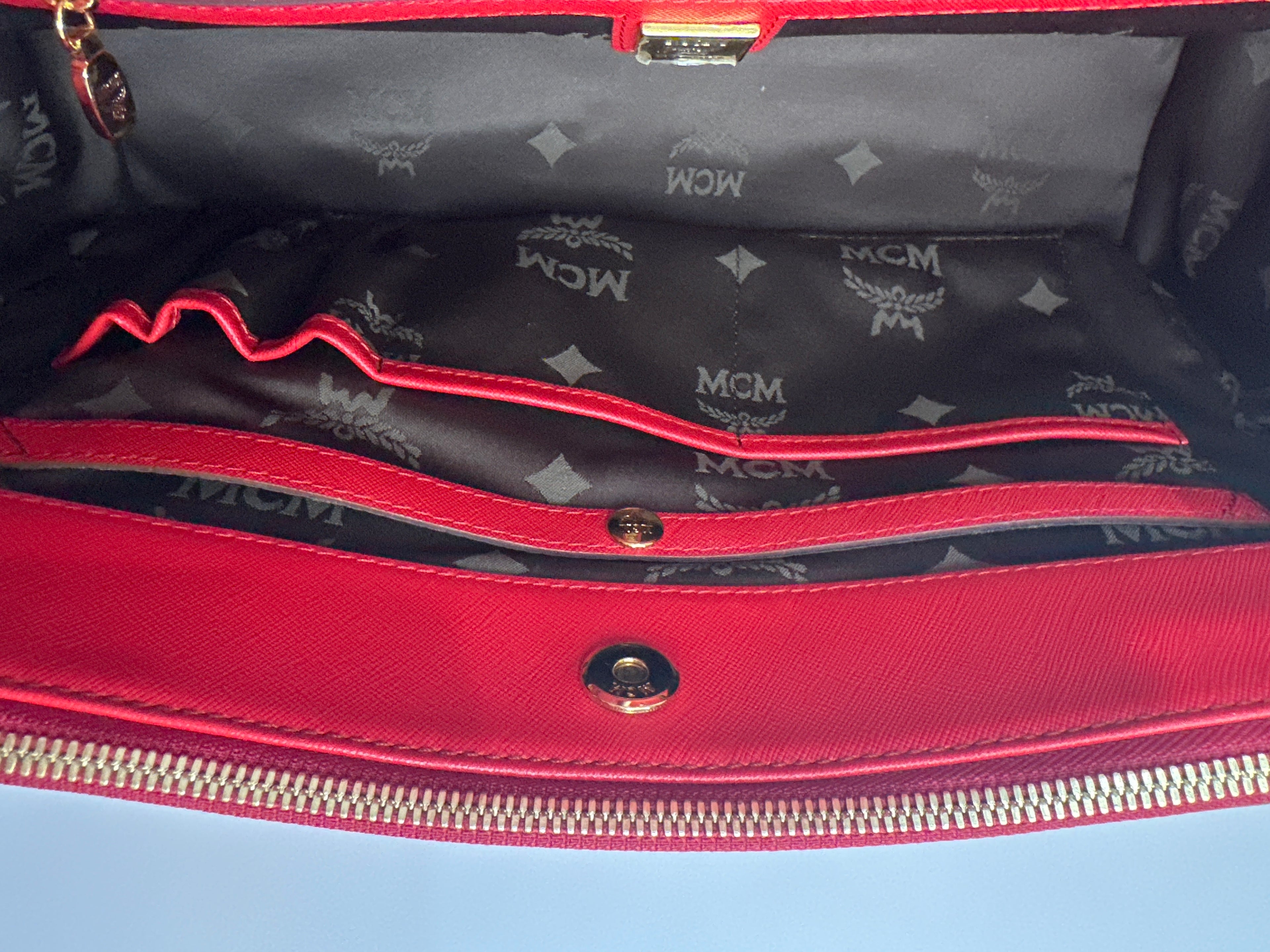 MCM Red Horizontal Double Zip Tote