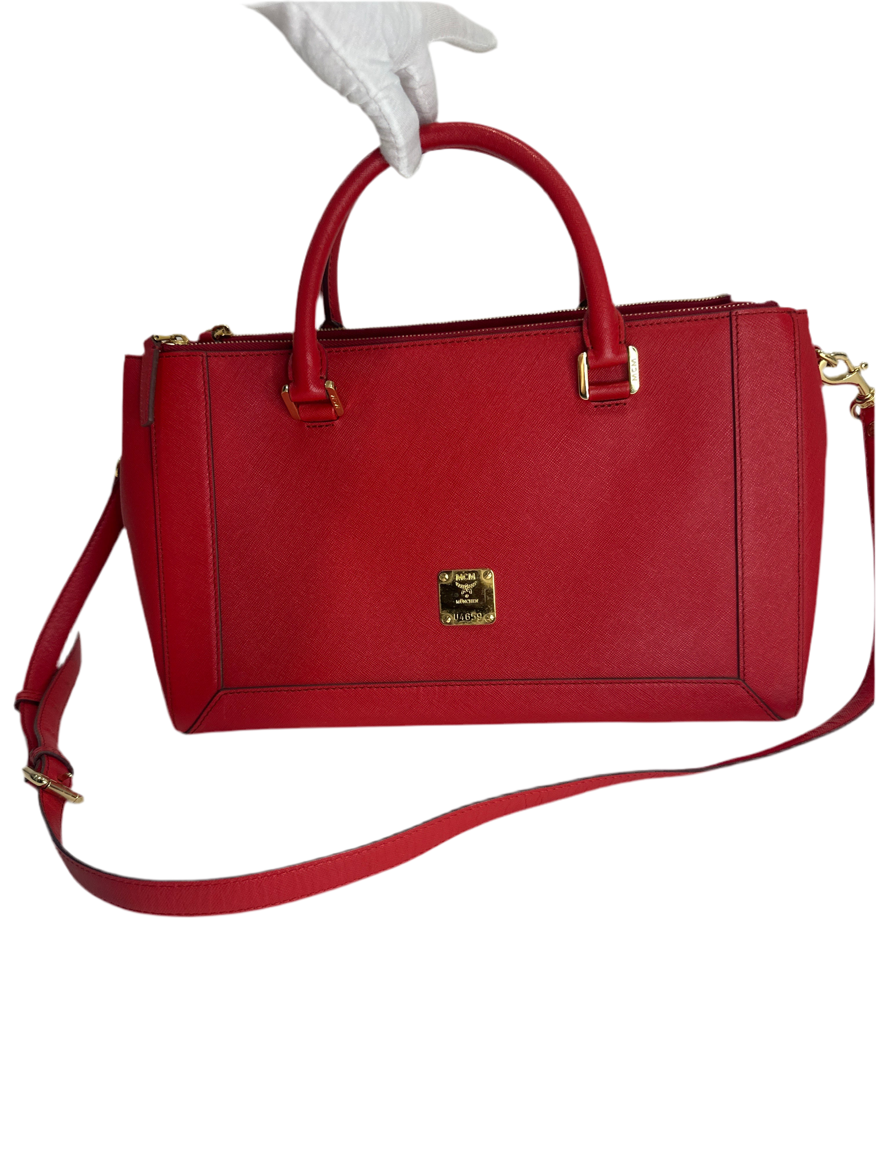 MCM Red Horizontal Double Zip Tote