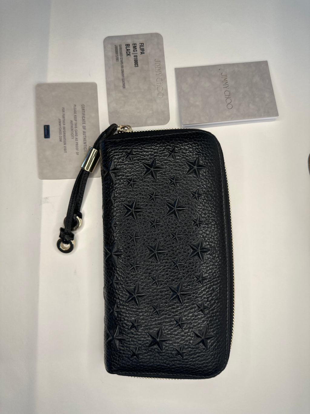 Jimmy Choo star embossed leather zip around wallet with paperwork