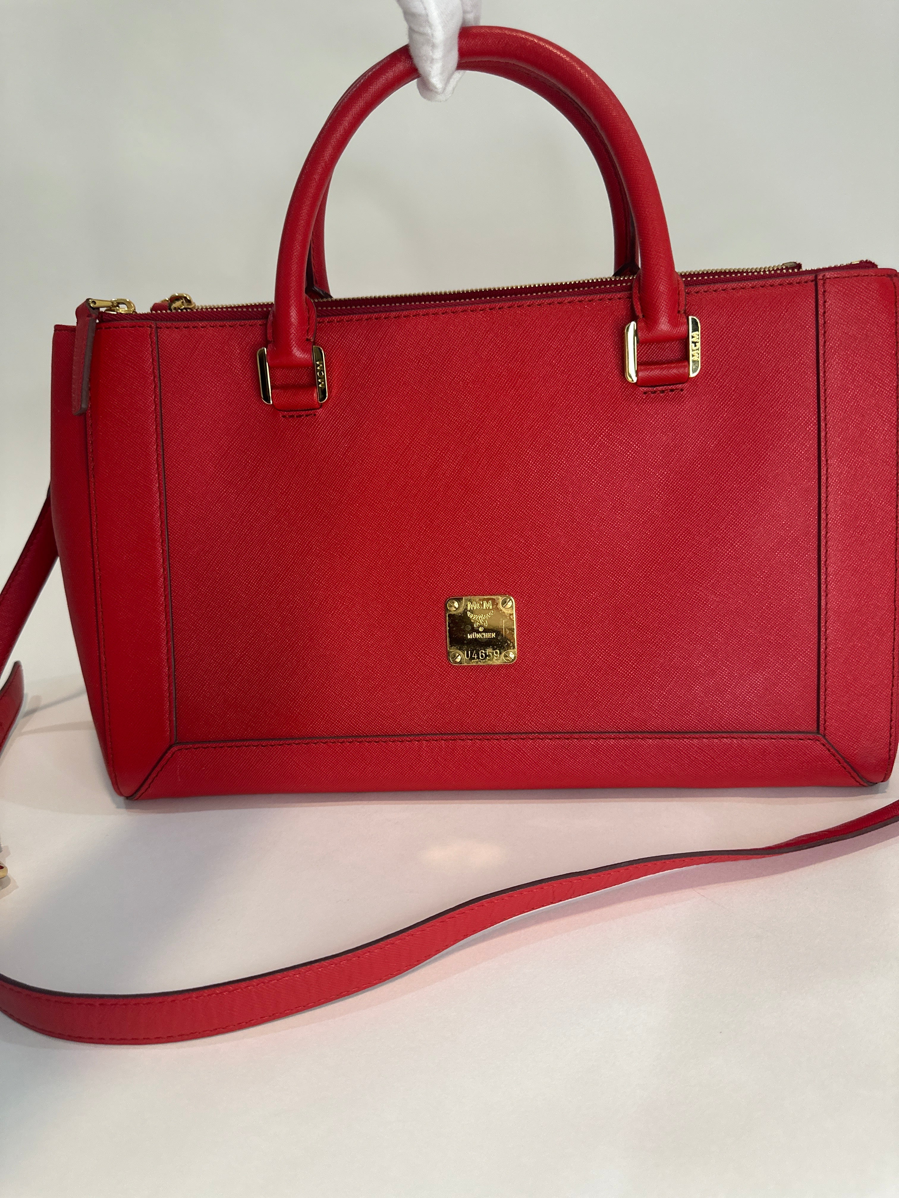 MCM Red Horizontal Double Zip Tote