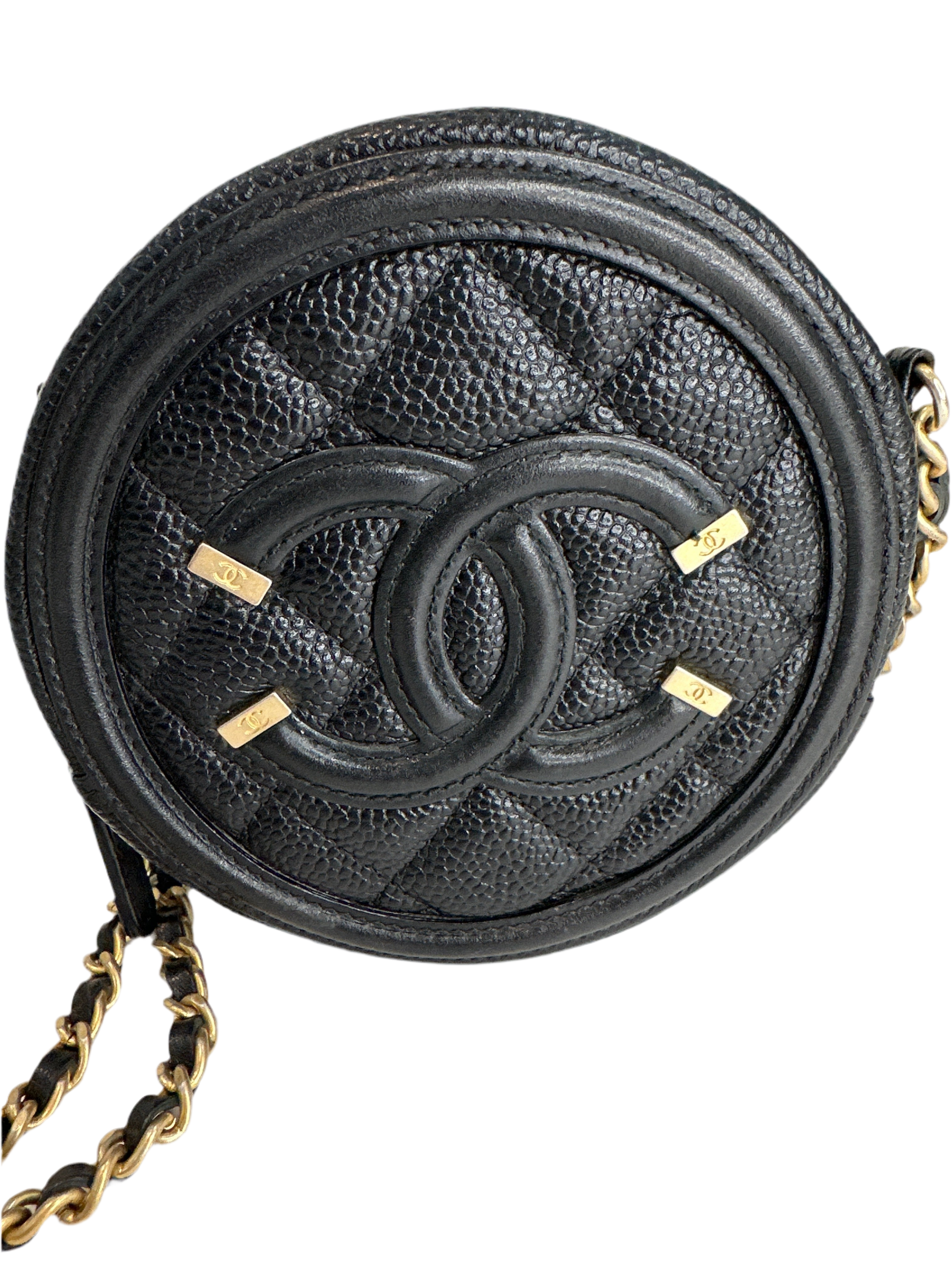 Chanel Filigree Round Clutch with Chain – Mini Quilted Caviar Leather