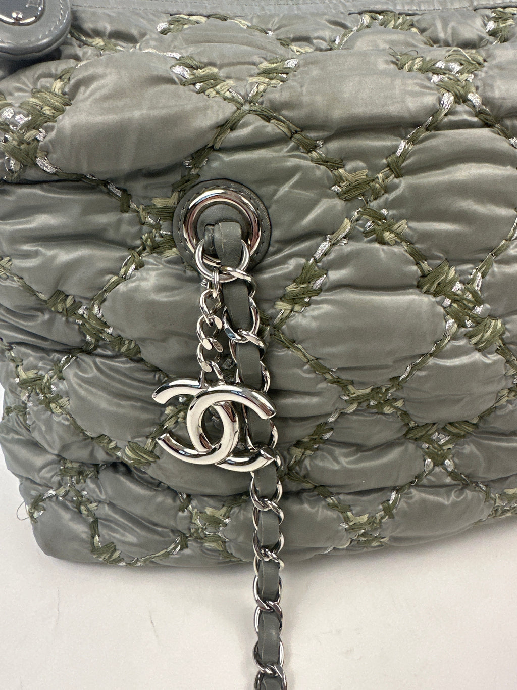 Chanel Tweed On Stitch Bubble Bowling Bag Quilted Nylon Large