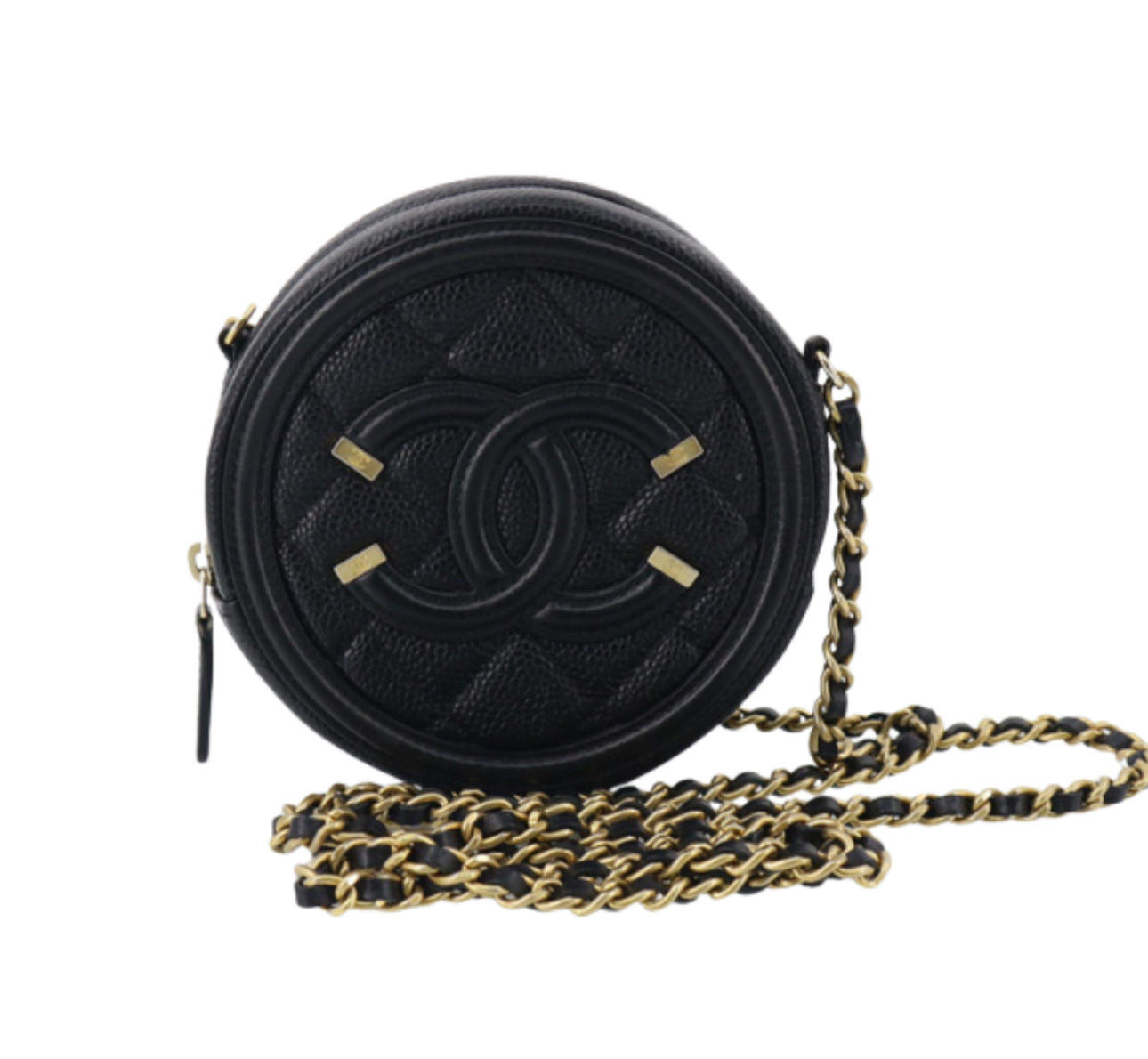 Chanel Filigree Round Clutch with Chain – Mini Quilted Caviar Leather