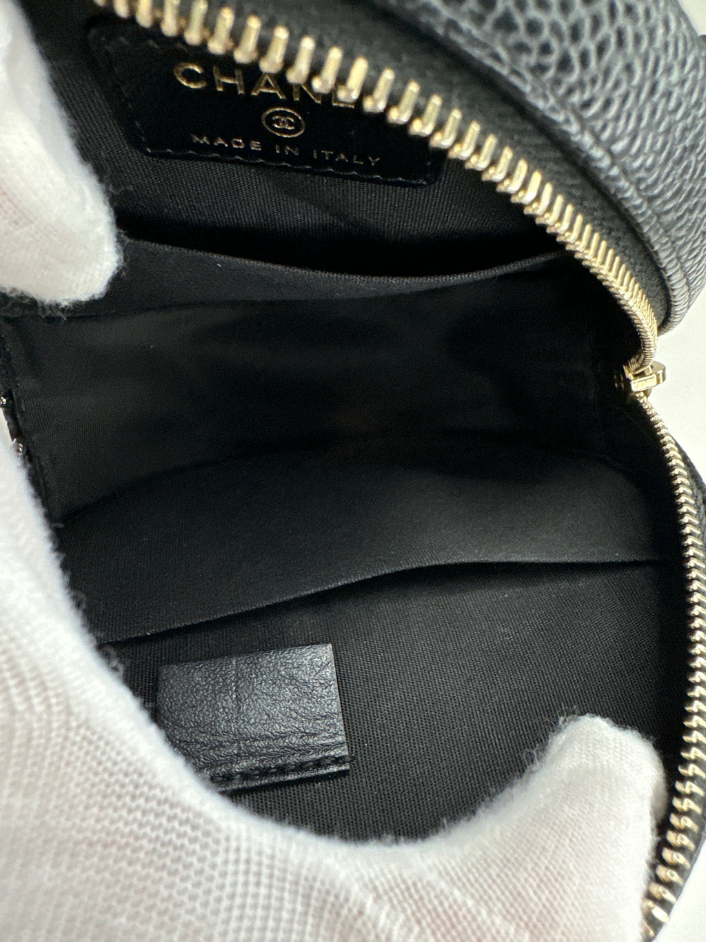 Chanel Filigree Round Clutch with Chain – Mini Quilted Caviar Leather