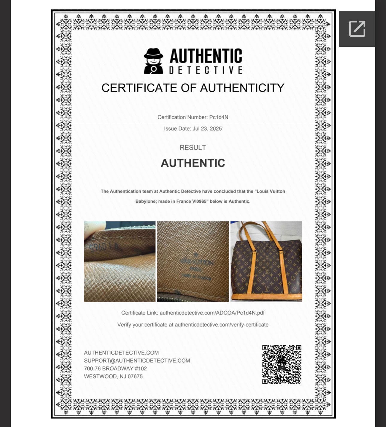 Vintage Louis Vuitton Babylone Shoulder Bag with COA