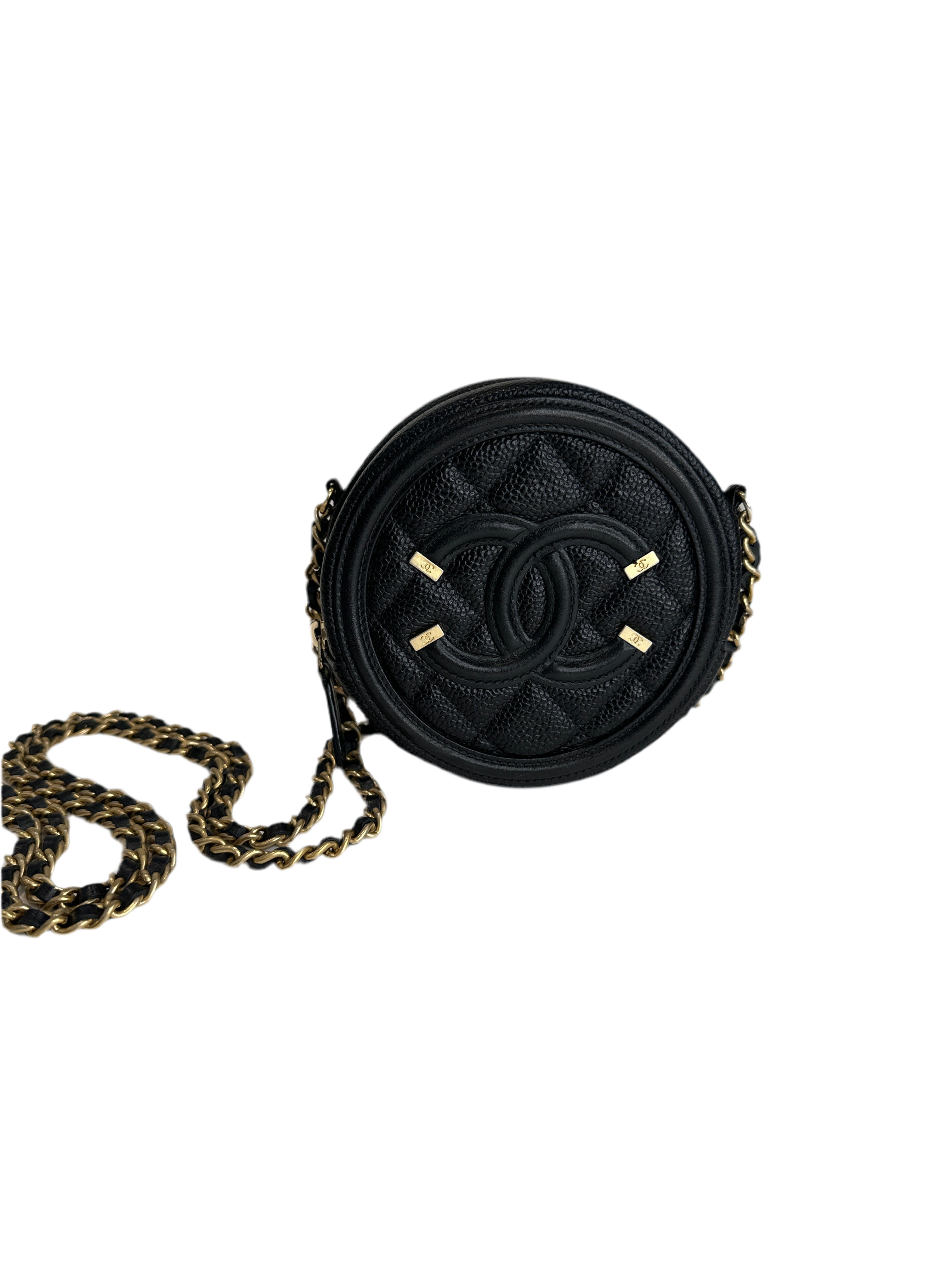 Chanel Filigree Round Clutch with Chain – Mini Quilted Caviar Leather