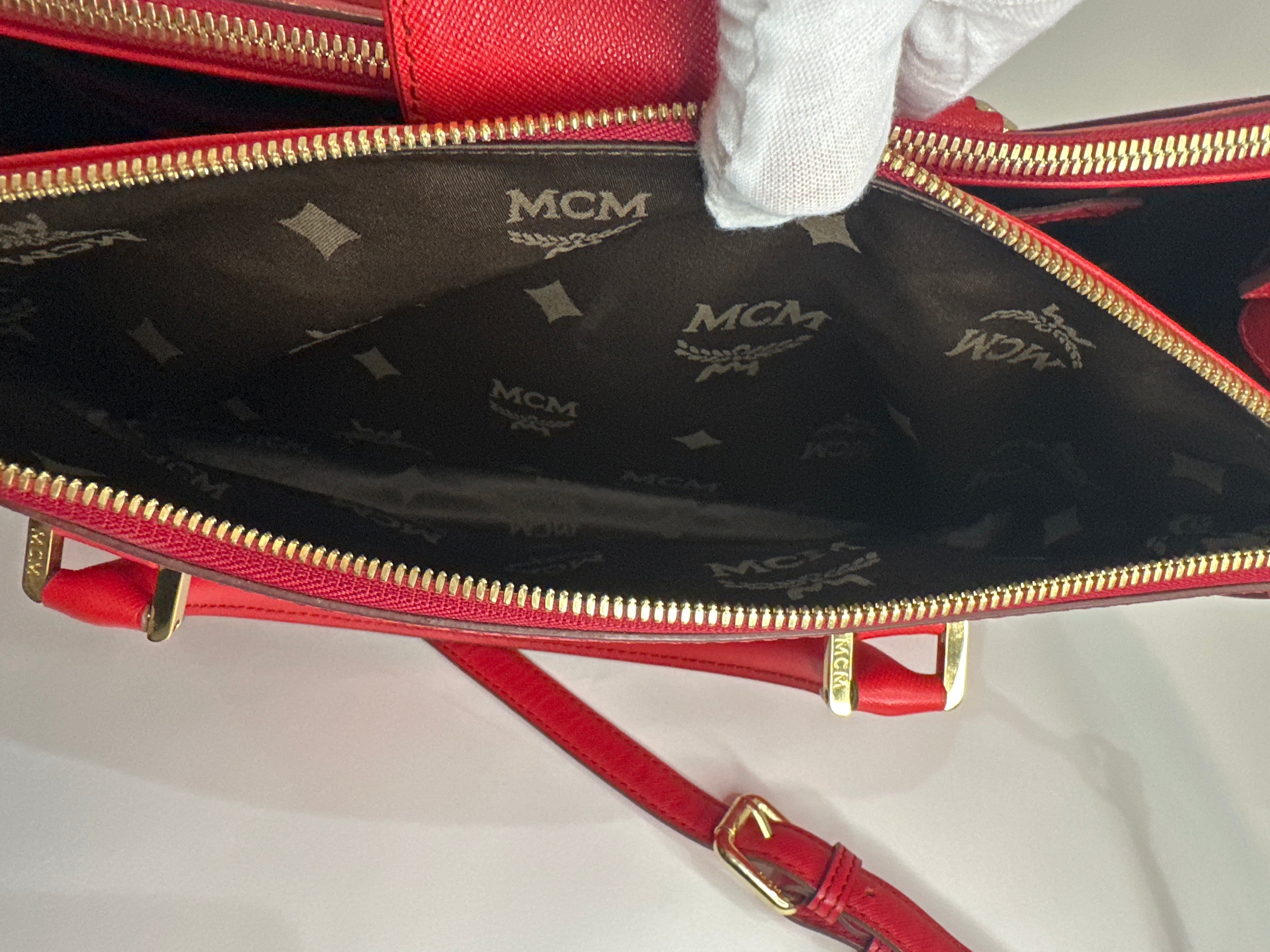 MCM Red Horizontal Double Zip Tote