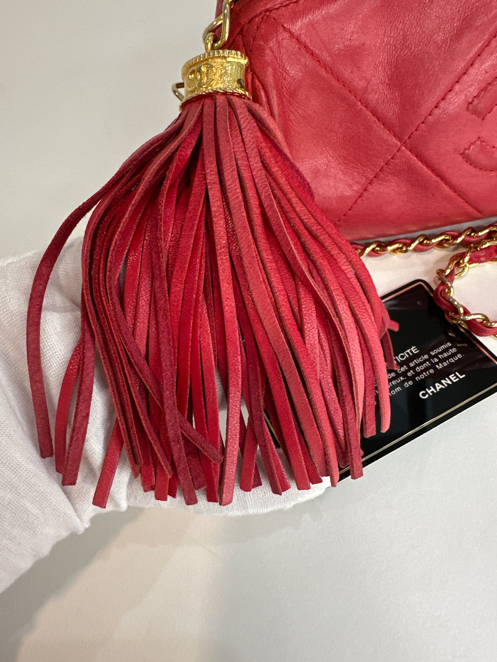 Vintage CHANEL Chain Shoulder Matelasse Lambskin Fringe Shoulder Bag with COA and card. Series 0